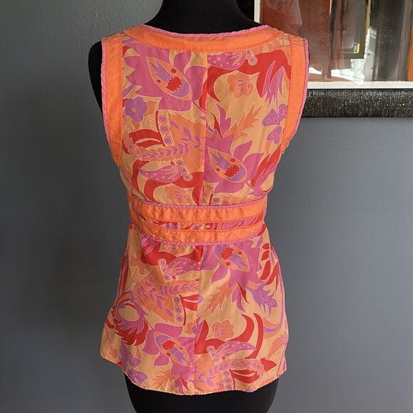 Express 100% silk shades of pink/red/orange/purple floral print fitted waist top - Picture 4 of 8
